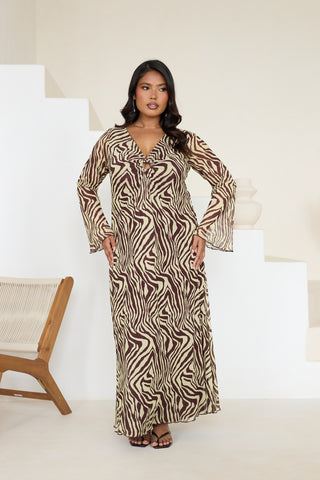 Curve Zebra Print Ring Detail Buttermilk Flare Sleeve Midi Dress