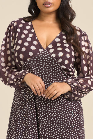 Curve Chocolate Polka Dot Balloon Sleeve Mesh Midi Dress