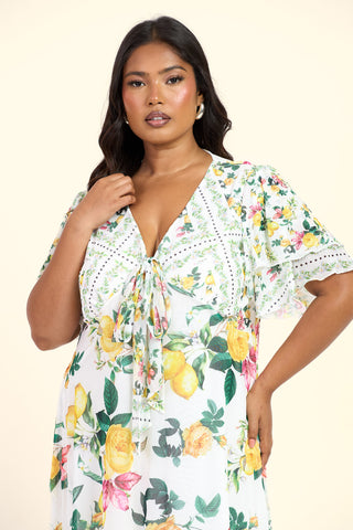 Curve Mixed Lemon Print Flutter Sleeve Mini Skater Dress