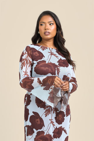 Curve Flare Sleeve Floral Print Mesh Maxi Dress