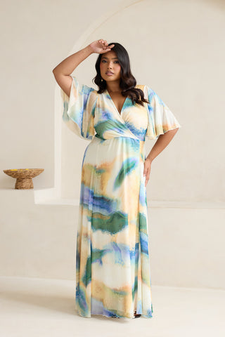 Curve Abstract Print Angel Sleeve Wrap Front Maxi Dress