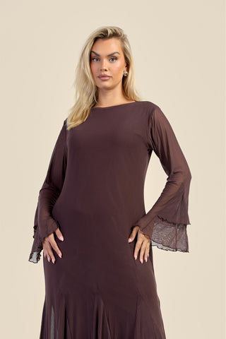 Curve Godet Skirt Flare Sleeve Mesh Maxi Dress