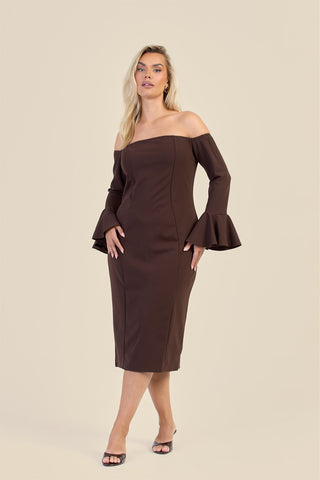 Curve Bardot Ruffle Sleeve Scuba Midi Dress