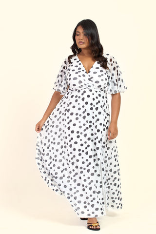 Curve Polka Dot Angel Sleeve Wrap Front Maxi Dress