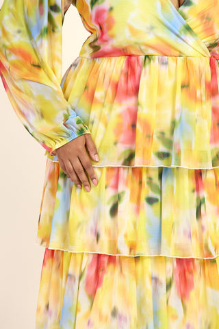 Curve Floral Print Ruffle Balloon Sleeve Maxi Dress