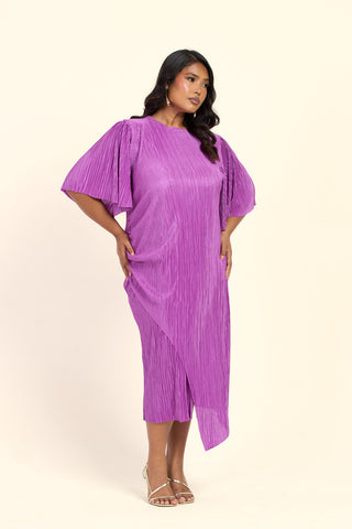 Curve Plisse Ruched Side Flutter Sleeve Midi Dress