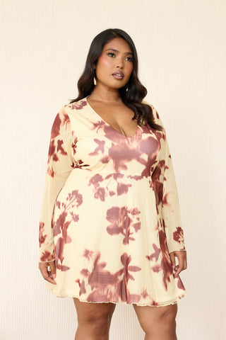 Curve Floral Print Flare Sleeve Butter Milk Mini Skater Dress