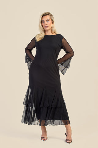 Curve Godet Skirt Flare Sleeve Mesh Maxi Dress