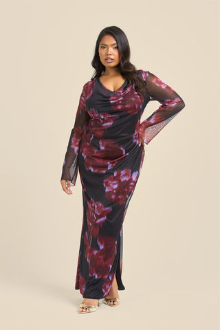 Curve Cowl neck Mesh flare sleeve Dark floral Maxi Dress