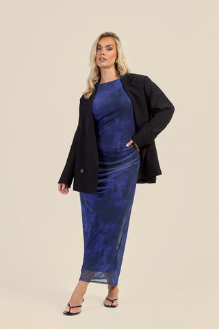Curve Navy Abstract Ruched Mesh Midaxi Dress