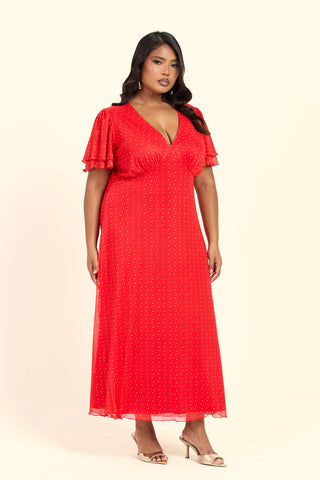 Curve Polka Dot Flutter Sleeve V Neck Midi Dress