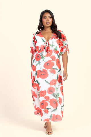 Curve Poppy Print Flutter Sleeve Tie Front V Neck Midi Dress