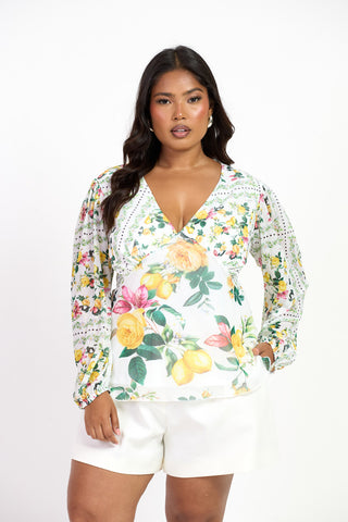 Curve Mixed Lemon Print Balloon Sleeve Blouse