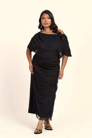 Curve Drop Shoulder Ruched Mesh Black Midaxi Dress