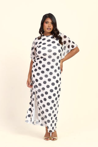 Curve Flutter Sleeve Large Polka Dot Ruched Side Maxi Dress