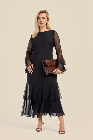 Curve Godet Skirt Flare Sleeve Mesh Maxi Dress