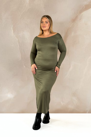 Curve slash neck long sleeved midaxi dress in khaki