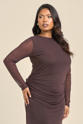 Curve long sleeve chocolate mesh midaxi dress