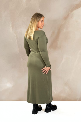 Curve slash neck long sleeved midaxi dress in khaki