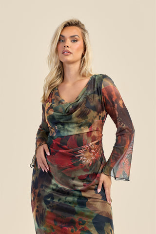 Curve abstract floral cowl neck long sleeve mesh maxi dress