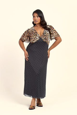 Curve Mixed Leopard And Polka Dot Print Flutter Sleeve V Neck Midi Dress