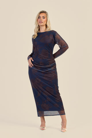 Curve Long Sleeve Ruched Midaxi Dress In Floral Print