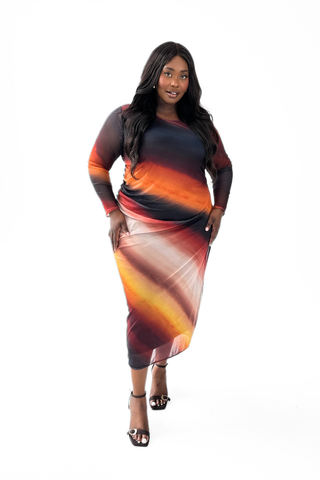 Curve ombre mesh midi dress in rust