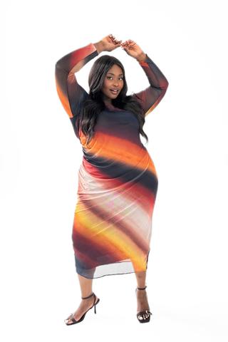 Curve ombre mesh midi dress in rust
