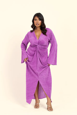 Curve Twist Front Flare Sleeve Plisse Midaxi Dress