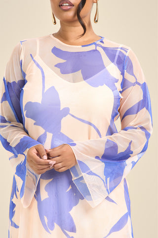 Curve Swing Style Floral Abstract Mesh Midaxi Dress