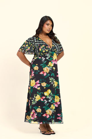 Curve Mixed Lemon Print Flutter Sleeve V Neck Midi Dress
