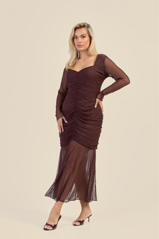 Curve Ruched Body Mesh Drop Hem Maxi Dress
