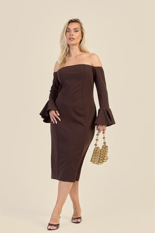 Curve Bardot Ruffle Sleeve Scuba Midi Dress