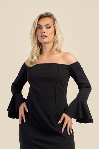 Curve Bardot Ruffle Sleeve Scuba Midi Dress
