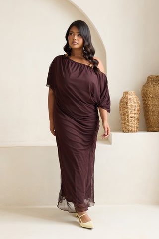 Curve Drop Shoulder Ruched Mesh Chocolate Midaxi Dress