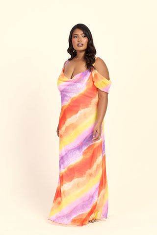Curve Cold Shoulder Ombre Marble Print Maxi Dress