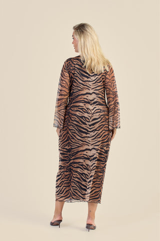Curve Brown Tiger Print Twist Front Flare Sleeve Midaxi Dress
