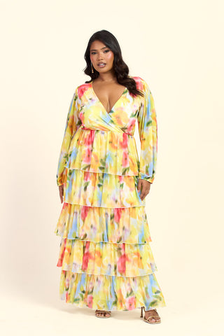 Curve Floral Print Ruffle Balloon Sleeve Maxi Dress