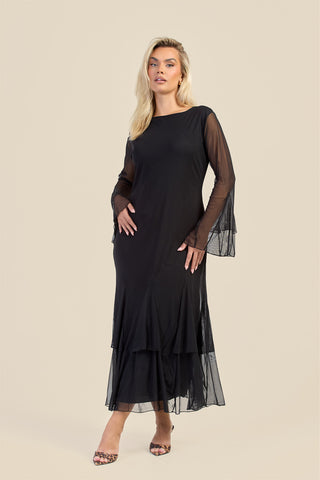 Curve Godet Skirt Flare Sleeve Mesh Maxi Dress
