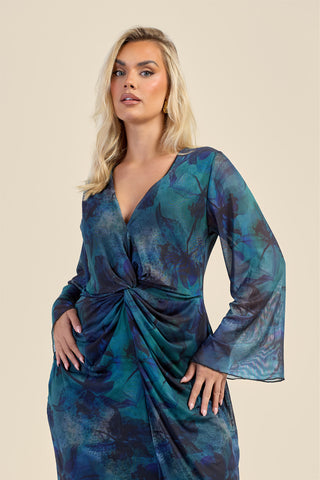 Curve Teal Floral Twist Front Mesh Midi Dress