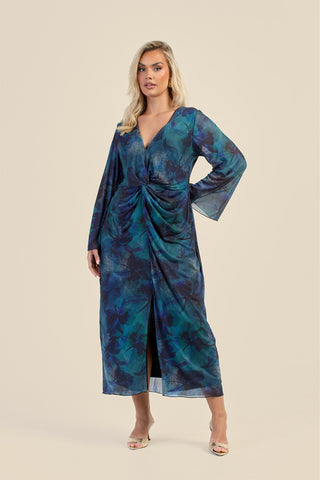 Curve Teal Floral Twist Front Mesh Midi Dress