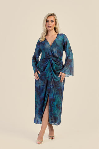 Curve Teal Floral Twist Front Mesh Midi Dress