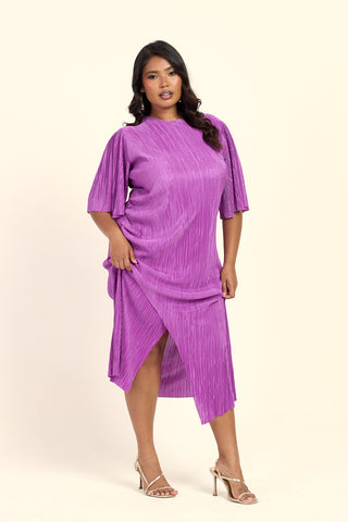 Curve Plisse Ruched Side Flutter Sleeve Midi Dress