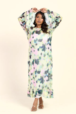 Curve Blurred Floral Round Neck Long Sleeve Ruffle Swing Midaxi Dress