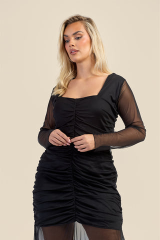 Curve Ruched Body Mesh Drop Hem Maxi Dress