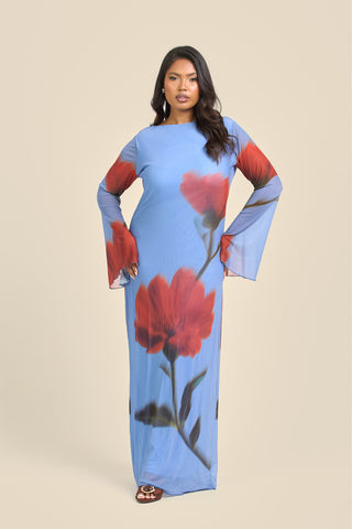 Curve Statement Floral Long Sleeve Mesh Maxi Dress