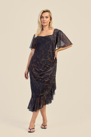 Curve flutter Sleeve Ruffle Hem Leopard Midi Dress