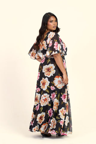Curve Dark Floral Angel Sleeve Maxi Dress