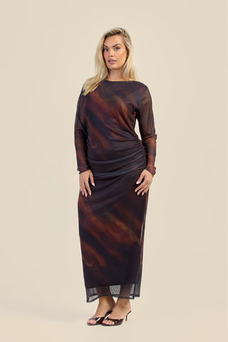 Curve Ombre Stripe Ruched Mesh Midaxi Dress