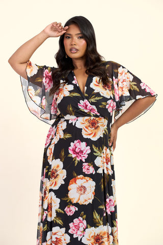 Curve Dark Floral Angel Sleeve Maxi Dress